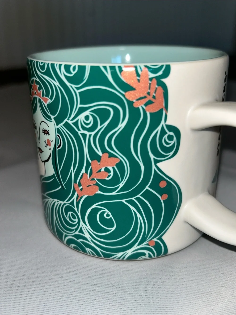 Starbucks White Ceramic Logo Mug w/ beautiful teal & rose gold accent mermaid - Picture 2 of 10